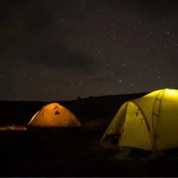 Two rinjani camping tents under a starry night sky at Mount Rinjani, Lombok
