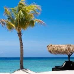 Palm tree and sun loungers under a thatched umbrella on a pristine beach at Gili Islands, Indonesia